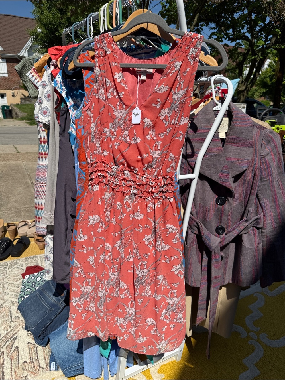 Sleeveless Floral Smocked Midi Dress in Rust